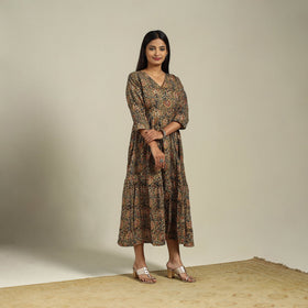 Green Block Print Natural Dyed Cotton Tiered Kalamkari Dress