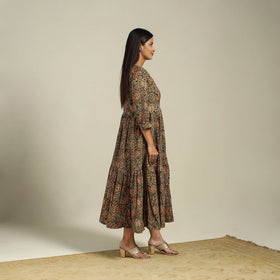 Green Block Print Natural Dyed Cotton Tiered Kalamkari Dress