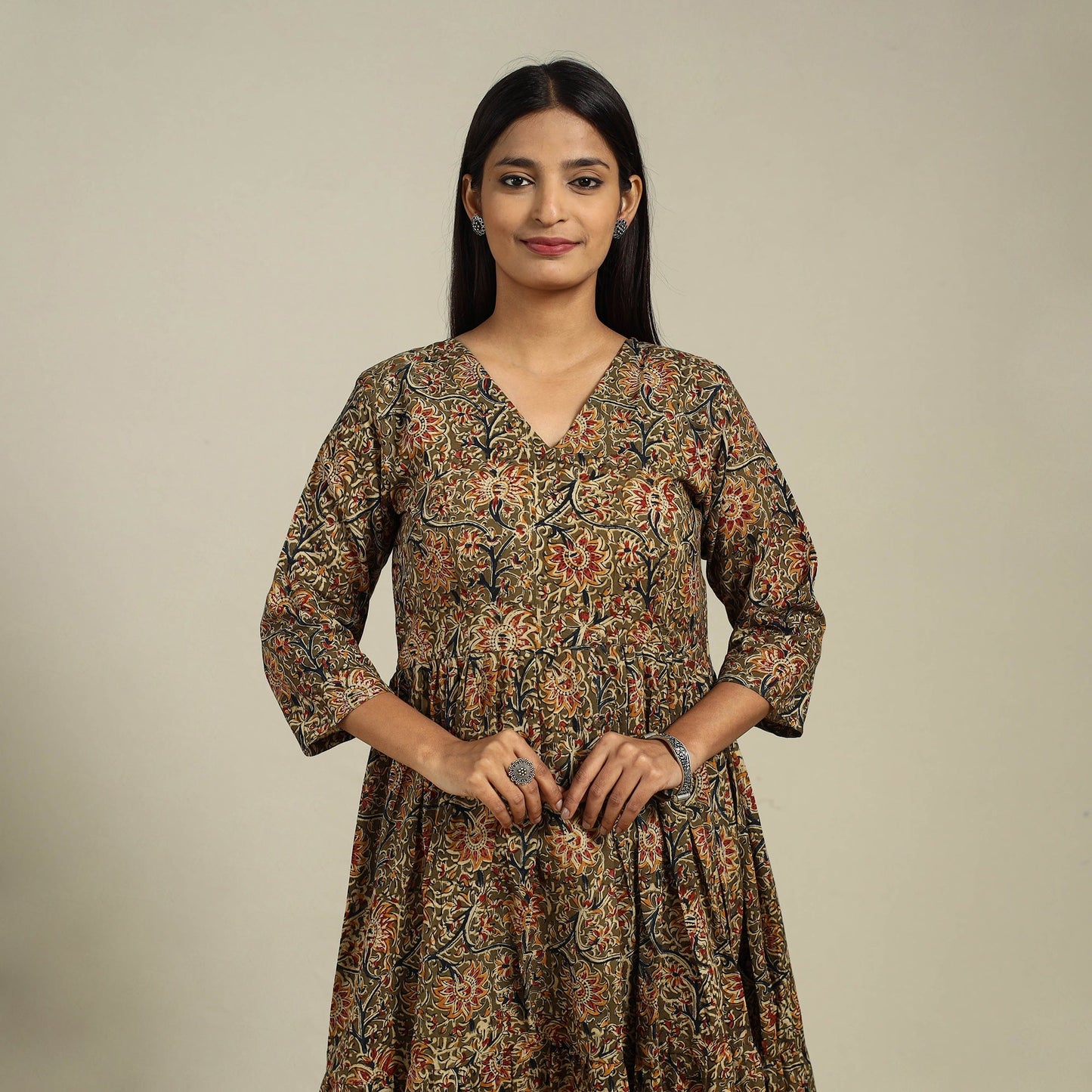 Green Block Print Natural Dyed Cotton Tiered Kalamkari Dress