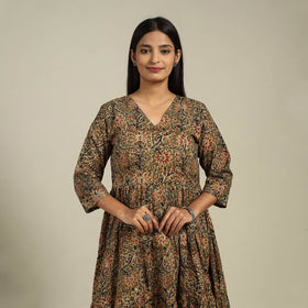Green Block Print Natural Dyed Cotton Tiered Kalamkari Dress