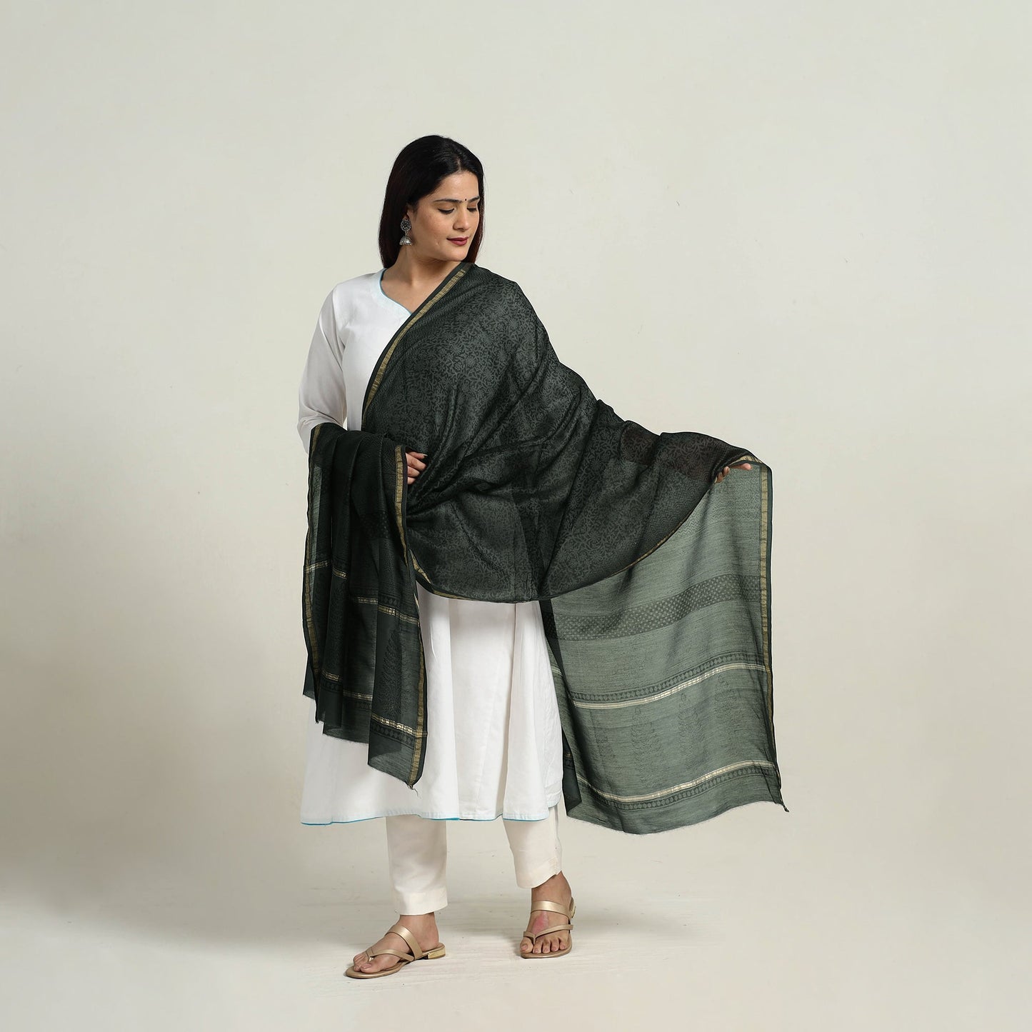  Green Natural Dyed Hand Block Print Chanderi Silk Bagh Dupatta