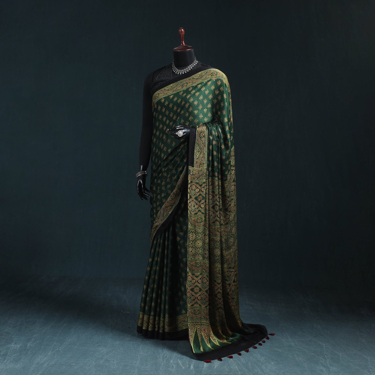 Natural dyed modal silk kutch hand block print ajrakh saree