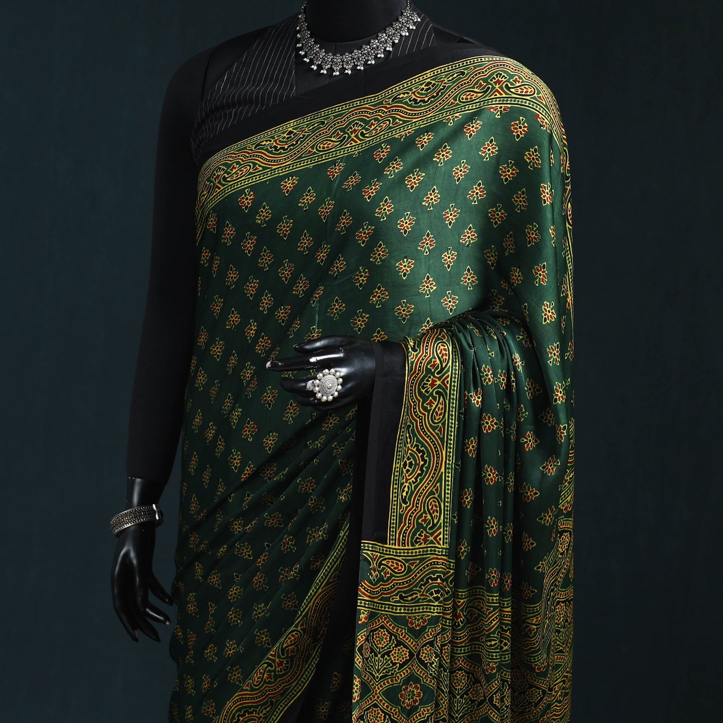 Natural dyed modal silk kutch hand block print ajrakh saree