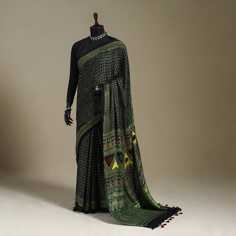 Green Natural Dyed Block Print Modal Silk Ajrakh Saree