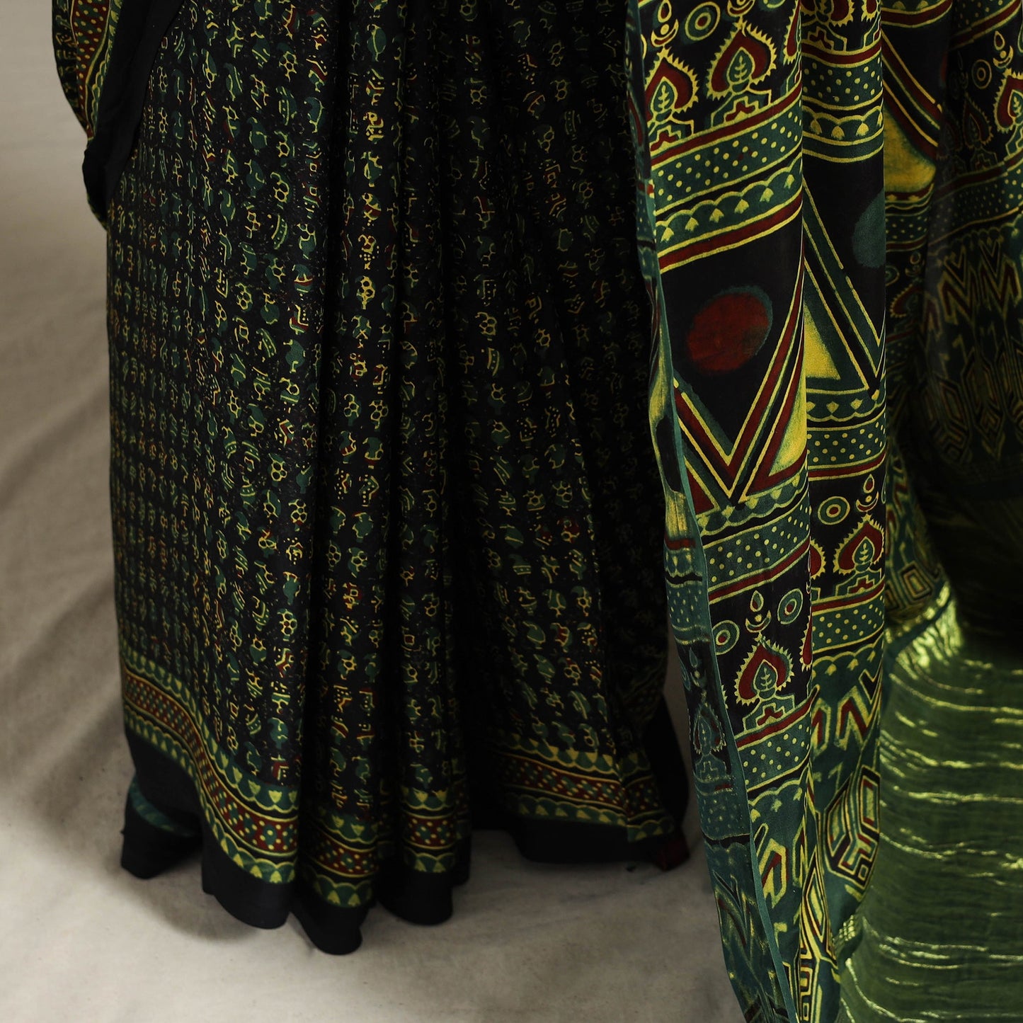 Green Natural Dyed Block Print Modal Silk Ajrakh Saree