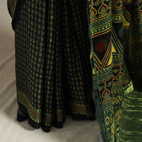 Green Natural Dyed Block Print Modal Silk Ajrakh Saree