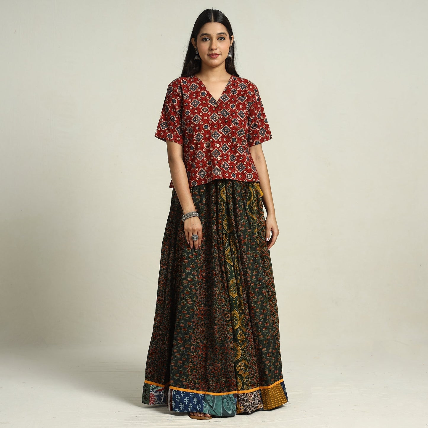 Buy Ajrakh Block Printed 24 Kali Patchwork Cotton Long Skirt 37 Online at iTokri.com