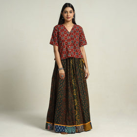 Buy Ajrakh Block Printed 24 Kali Patchwork Cotton Long Skirt 37 Online at iTokri.com