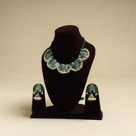  Green Fabart Pearl & Stone Work Necklace Set