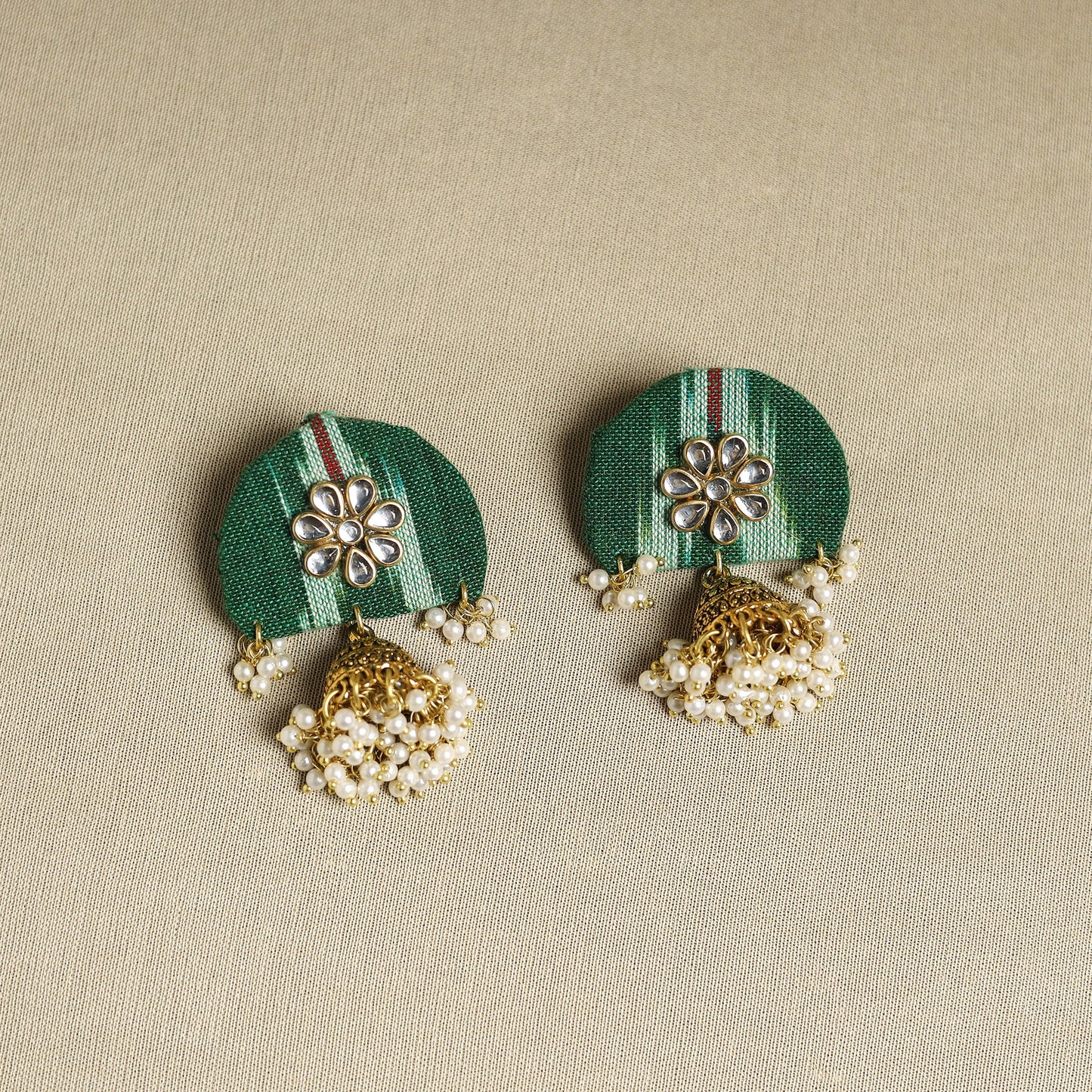  Green Fabart Pearl & Stone Work Necklace Set