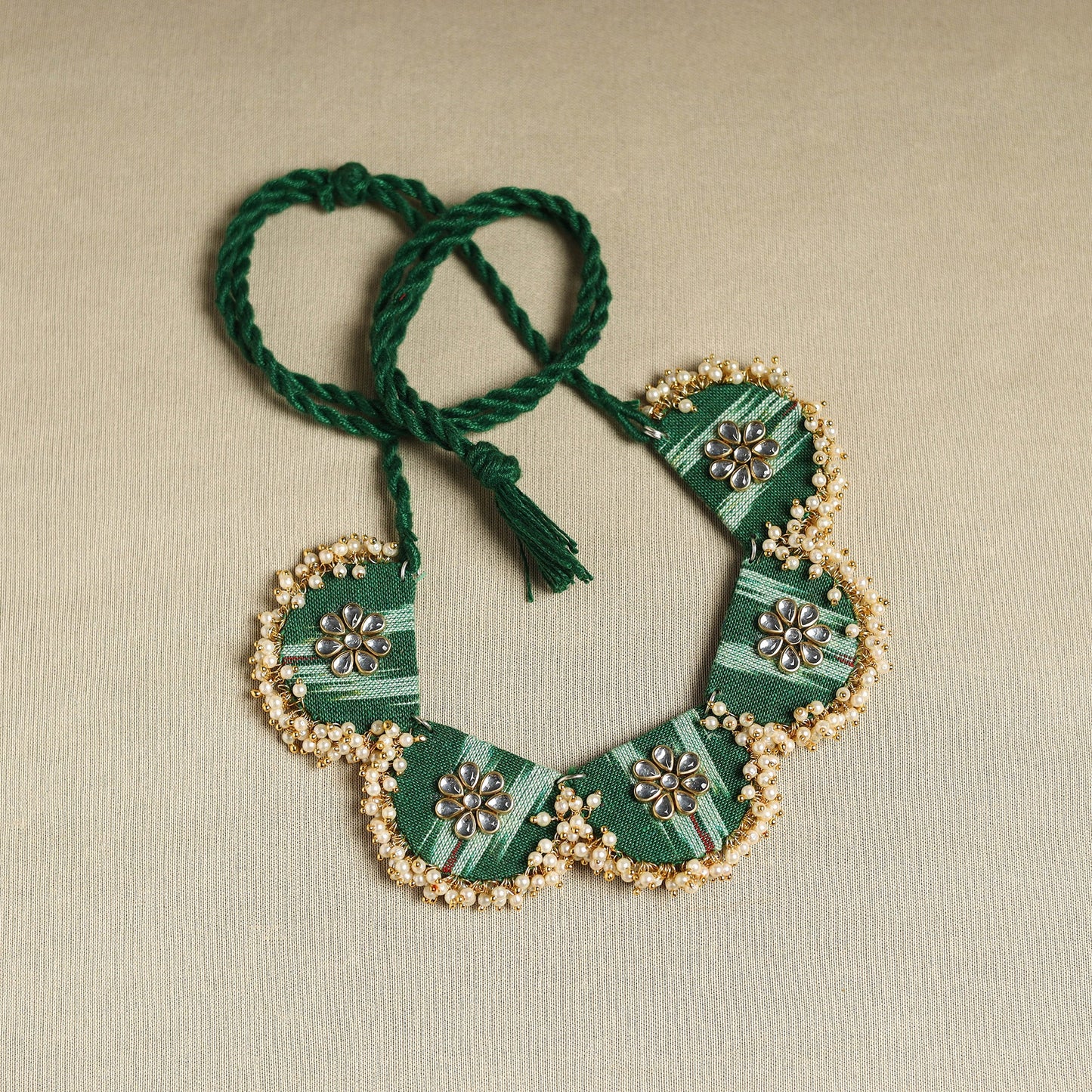  Green Fabart Pearl & Stone Work Necklace Set