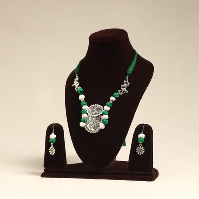 Navratri Special! Green German Silver Thread Beads Necklace Set