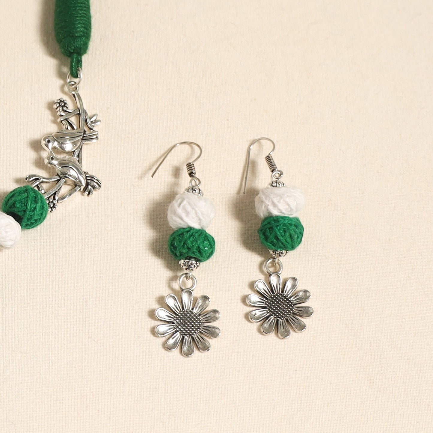 Navratri Special! Green German Silver Thread Beads Necklace Set