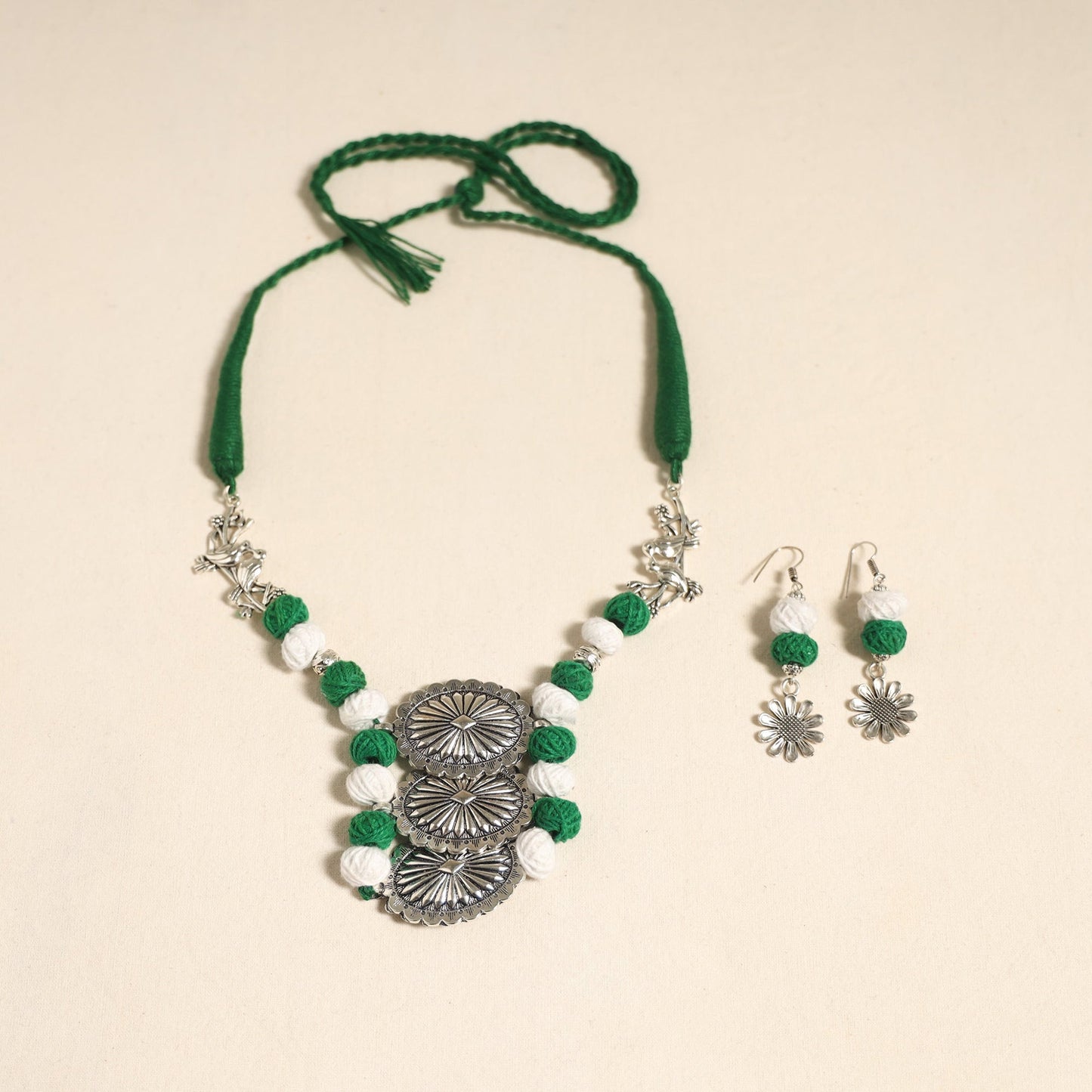 Navratri Special! Green German Silver Thread Beads Necklace Set