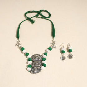 Navratri Special! Green German Silver Thread Beads Necklace Set