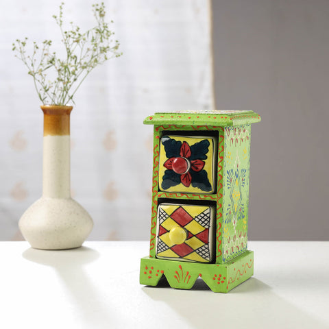  Neem Wood Hand Painted Blue Pottery Ceramic Double Drawer 