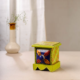  Neem Wood Hand Painted Blue Pottery Ceramic Single Drawer 