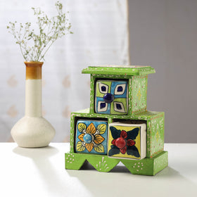 Buy Neem Wood Hand Painted Blue Pottery Ceramic Triple Drawer Online at iTokri.com