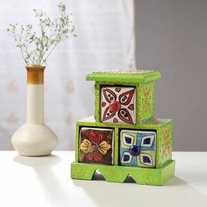  Neem Wood Hand Painted Blue Pottery Ceramic Triple Drawer 