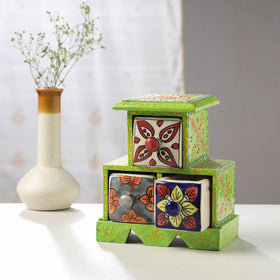 Neem Wood Hand Painted Blue Pottery Ceramic Triple Drawer