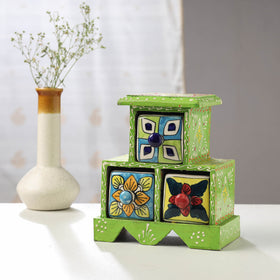 Buy Neem Wood Hand Painted Blue Pottery Ceramic Triple Drawer Online at iTokri.com