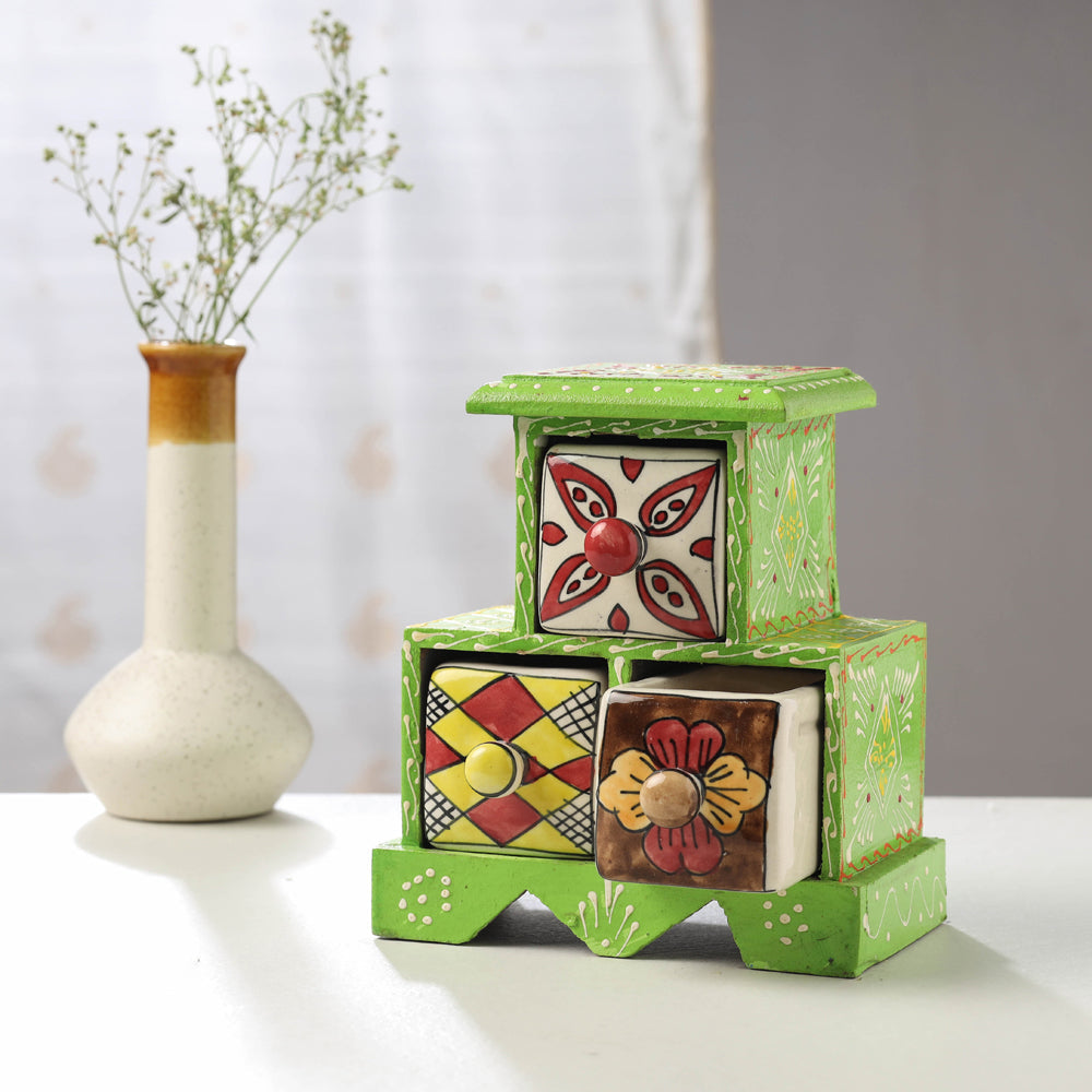 Neem Wood Hand Painted Blue Pottery Ceramic Triple Drawer