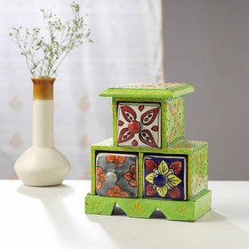 Neem Wood Hand Painted Blue Pottery Ceramic Triple Drawer