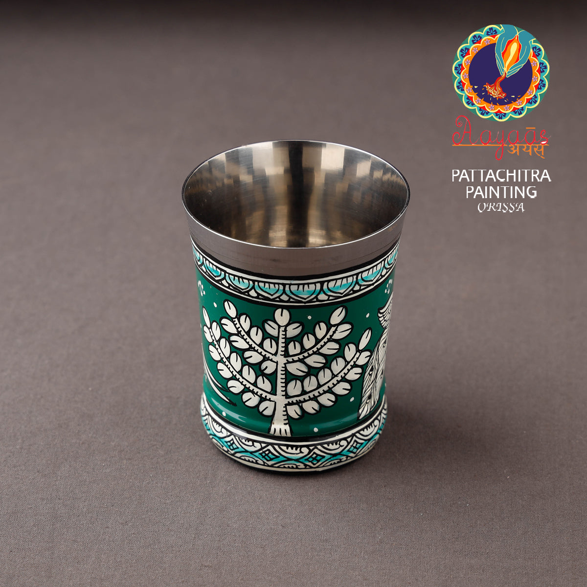 Odisha Pattachitra Green Handpainted Stainless Steel Glass