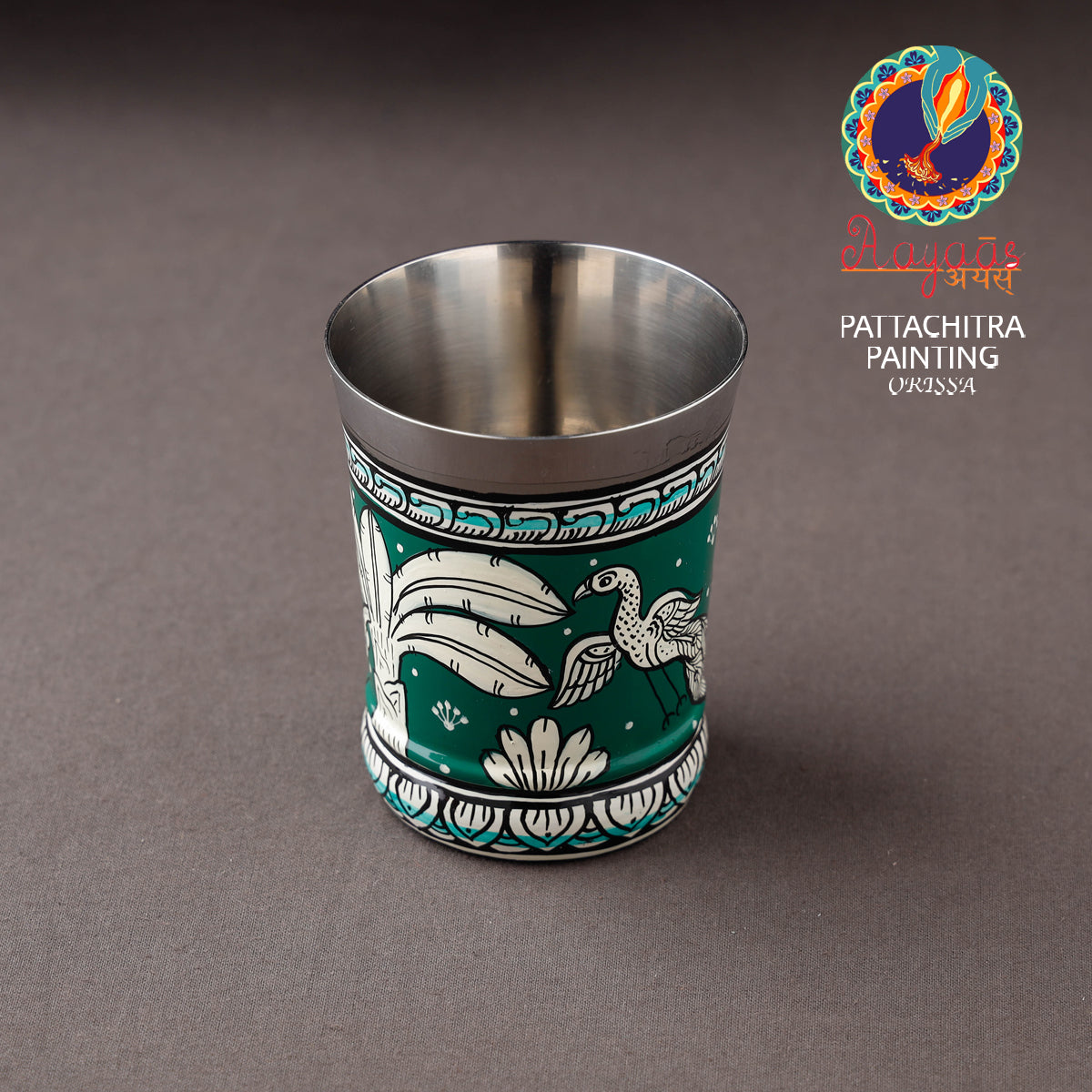 Odisha Pattachitra Green Handpainted Stainless Steel Glass