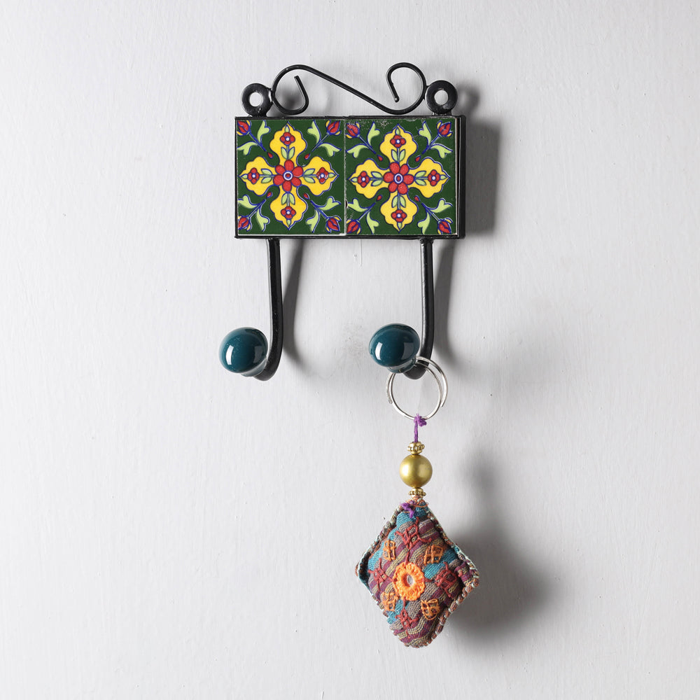  Original Blue Pottery Ceramic Tile Wall Hook Hanger (2 Peg) 