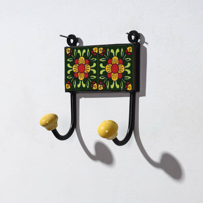  Original Blue Pottery Ceramic Tile Wall Hook Hanger (2 Peg) 