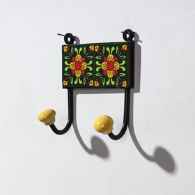  Original Blue Pottery Ceramic Tile Wall Hook Hanger (2 Peg) 