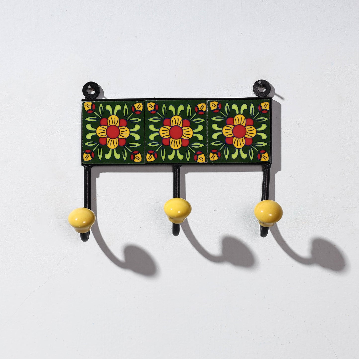  Original Blue Pottery Ceramic Tile Wall Hook Hanger (3 Peg) 