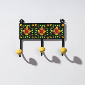  Original Blue Pottery Ceramic Tile Wall Hook Hanger (3 Peg) 