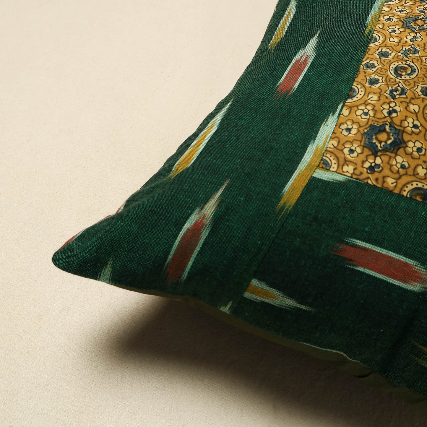 Buy Green Ajrakh Patch Ikat Cushion Cover