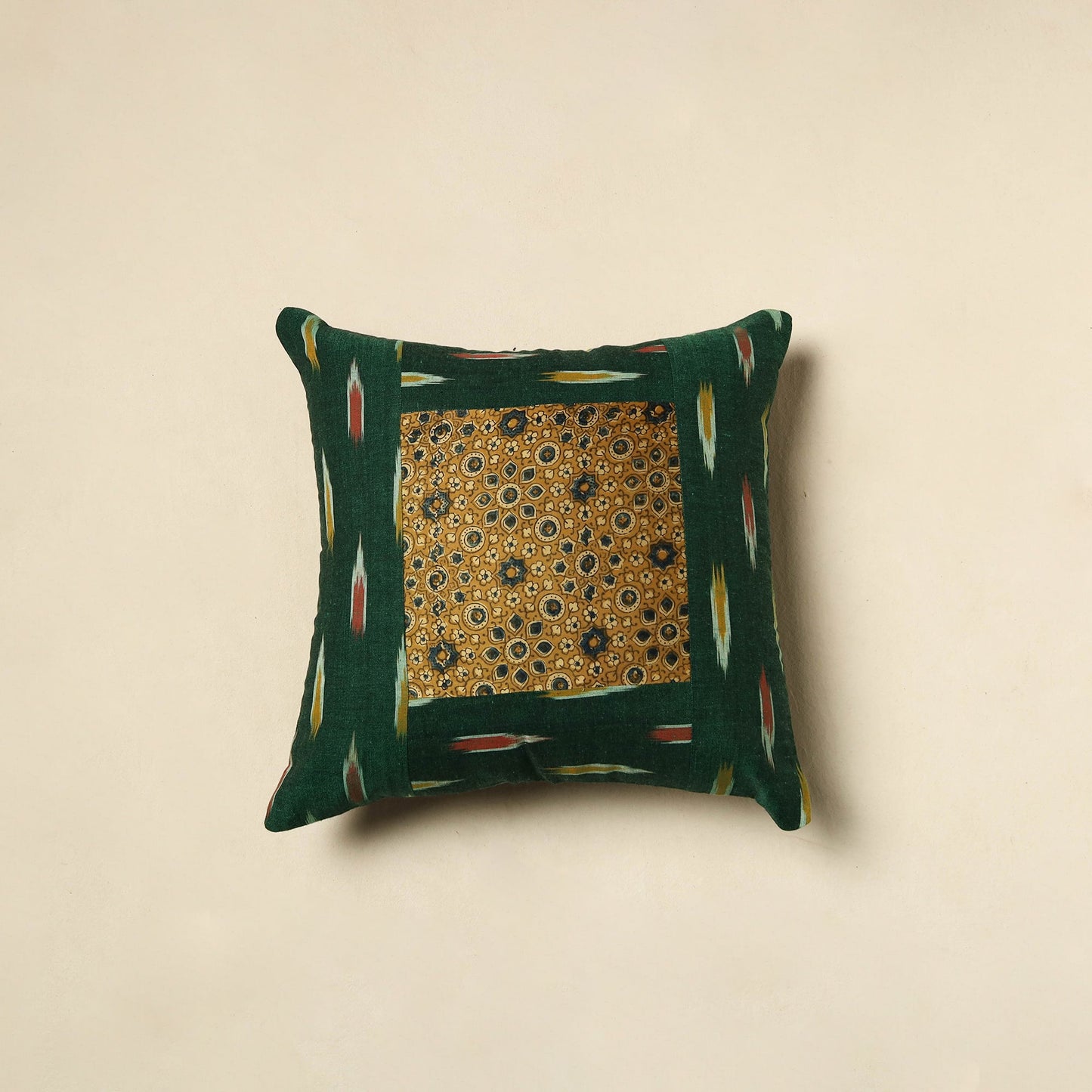 Buy Green Ajrakh Patch Ikat Cushion Cover