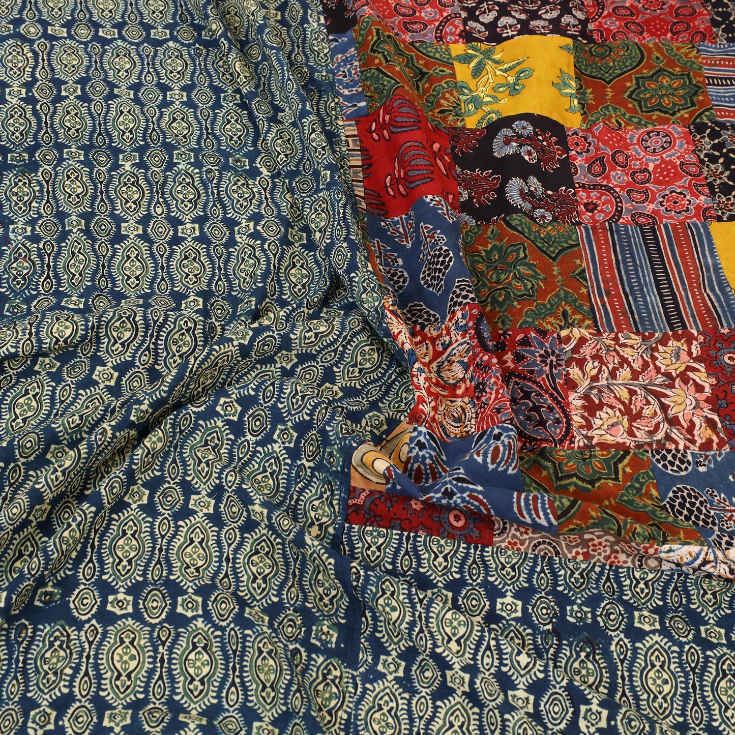 Green Patchwork Ajrakh Cotton Double Bed Sheet Set