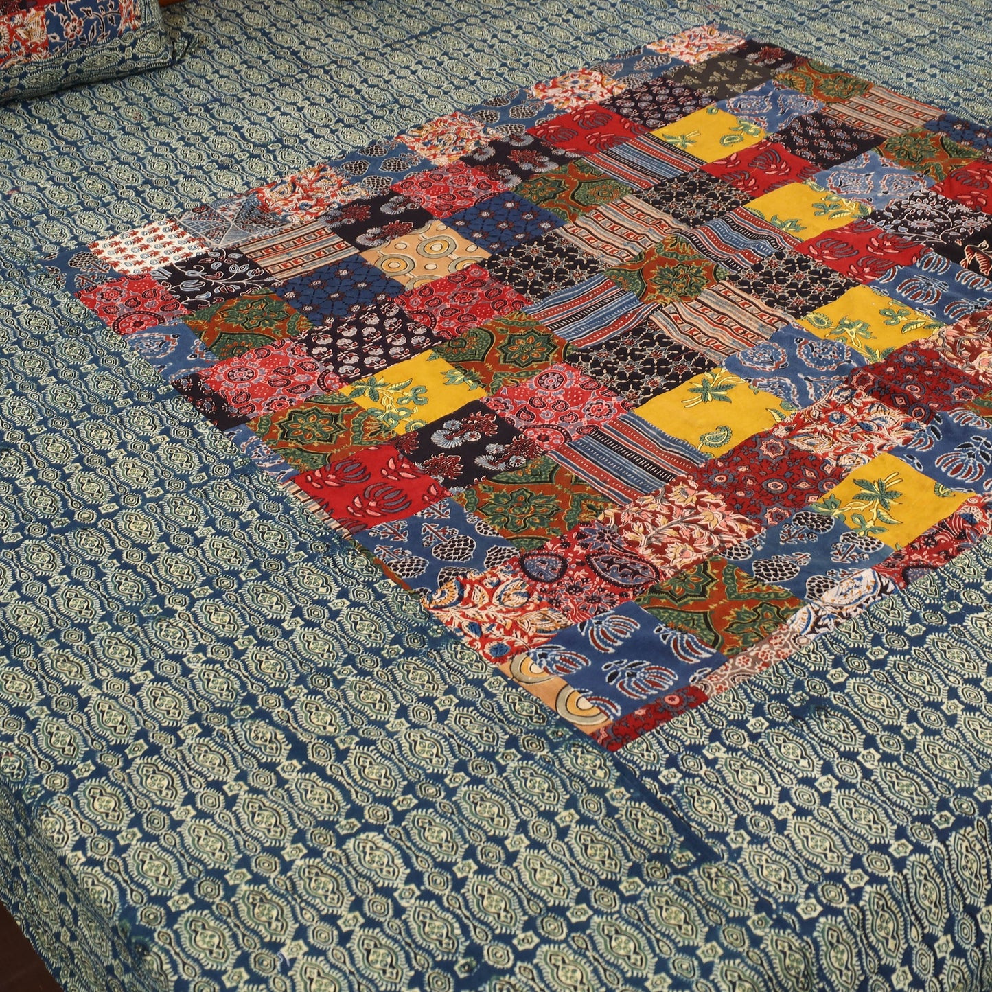 Green Patchwork Ajrakh Cotton Double Bed Sheet Set