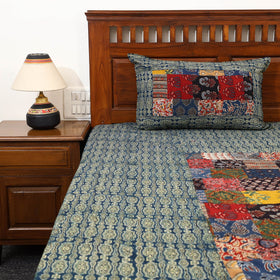 Green Patchwork Ajrakh Cotton Double Bed Sheet Set