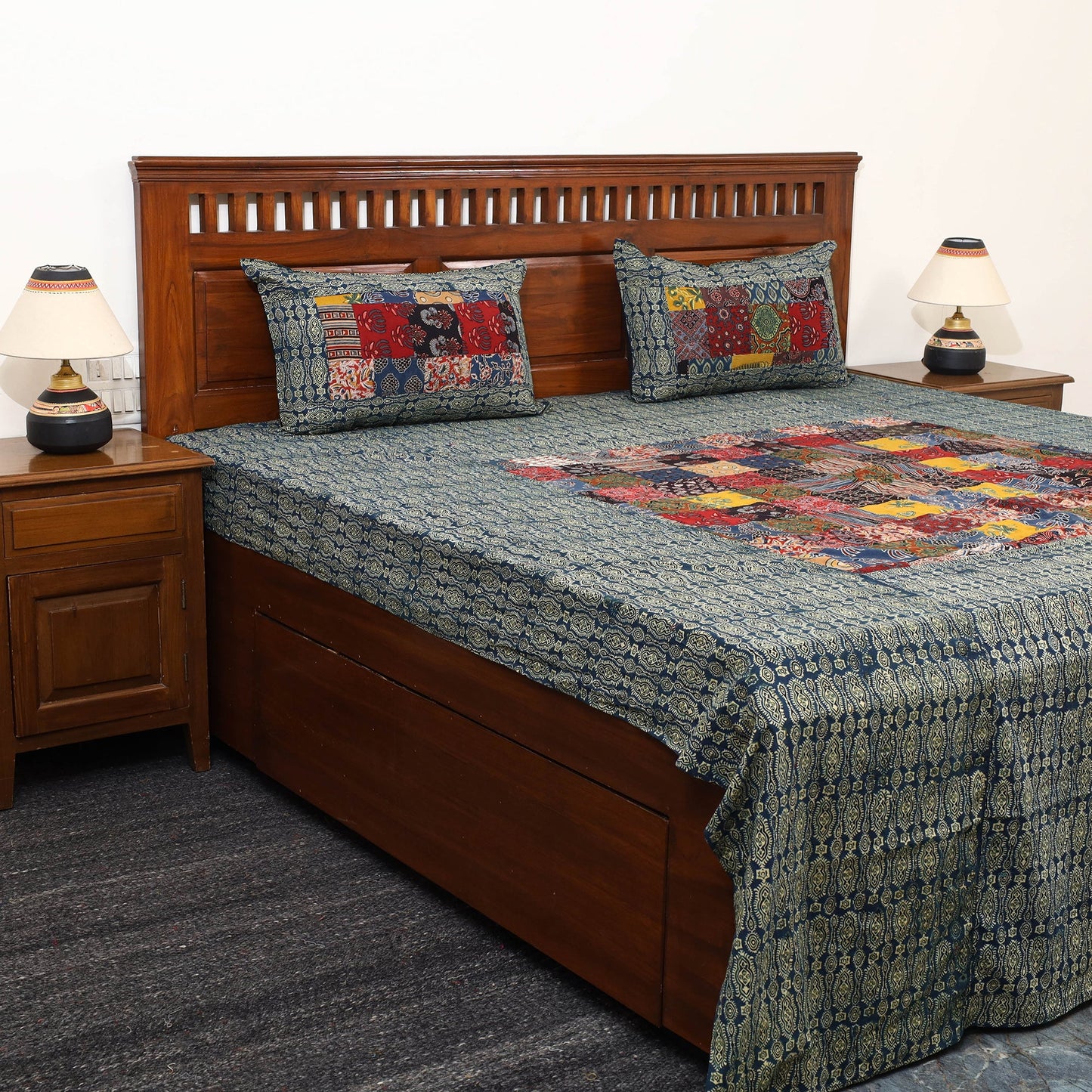 Green Patchwork Ajrakh Cotton Double Bed Sheet Set
