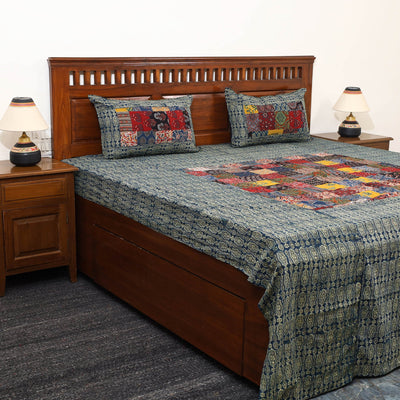 Green Patchwork Ajrakh Cotton Double Bed Sheet Set