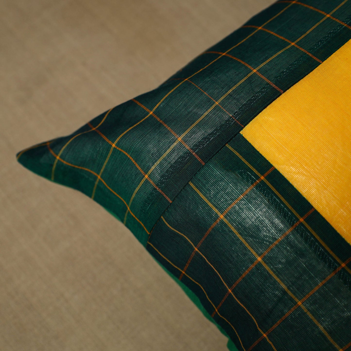 Green - patchwork cotton kanchipuram cushion cover (16 x 16