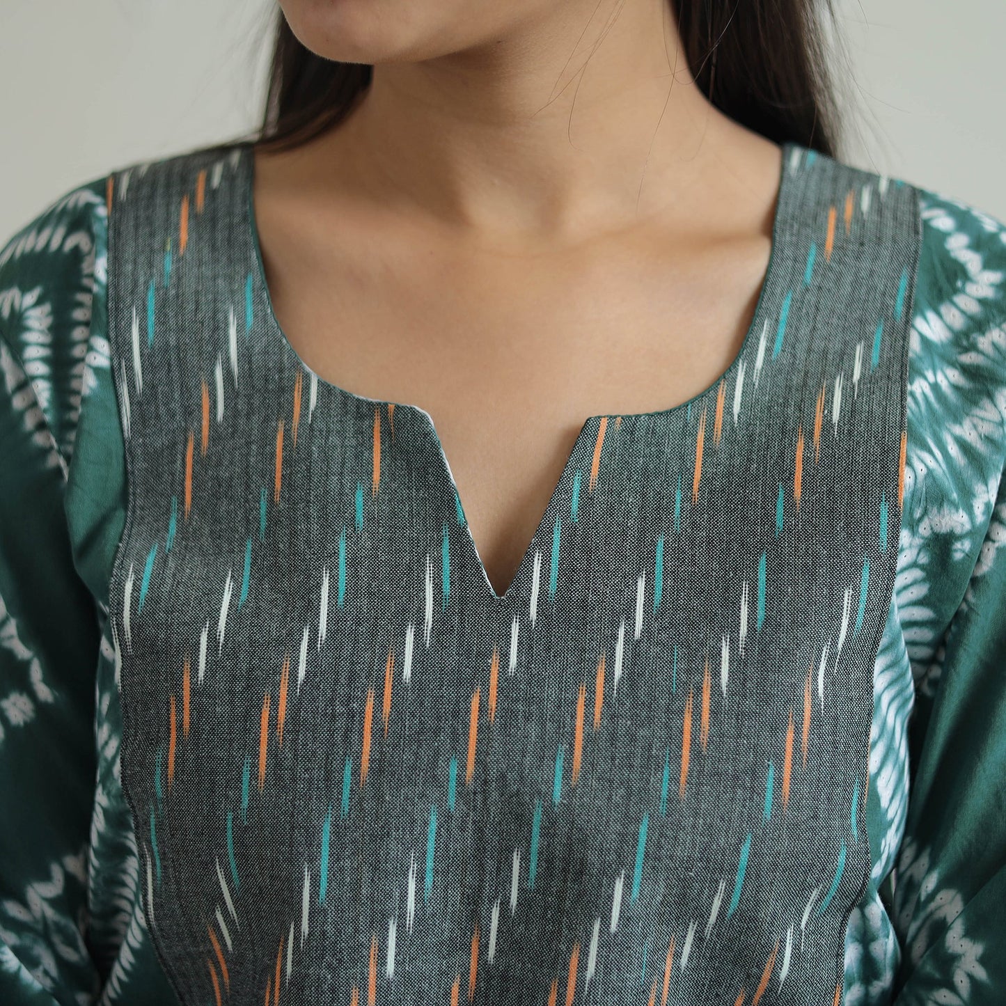 Green Patchwork Tie & Dye Cotton Straight Shibori Kurta for Women