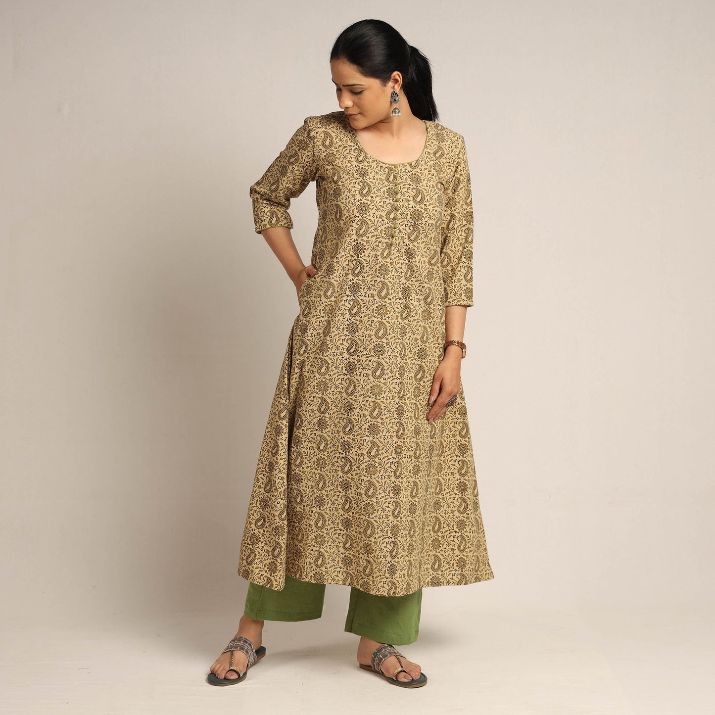 Green - pedana kalamkari printed cotton kurta with palazzo