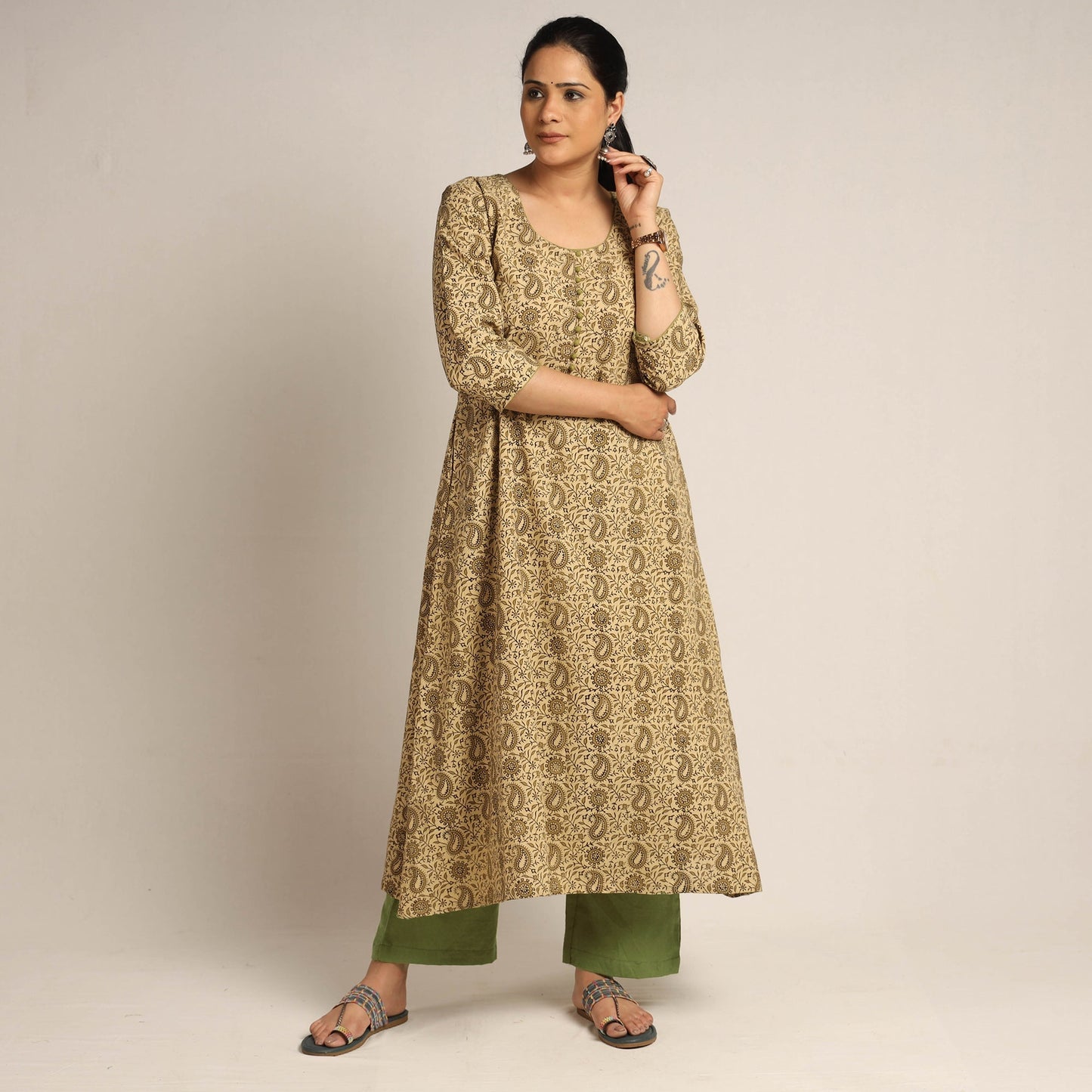 Green - pedana kalamkari printed cotton kurta with palazzo