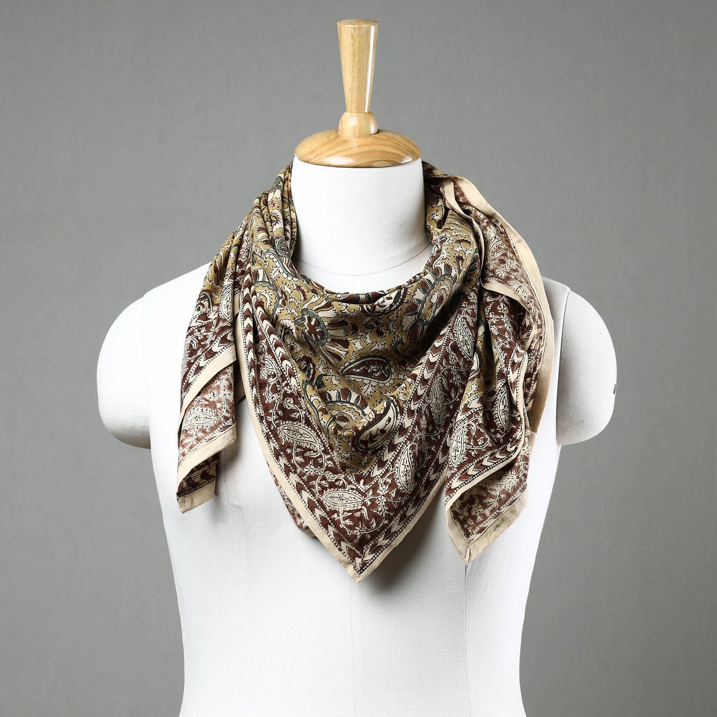 Green Pedana Kalamkari Block Printed Natural Dyed Cotton Scarf 