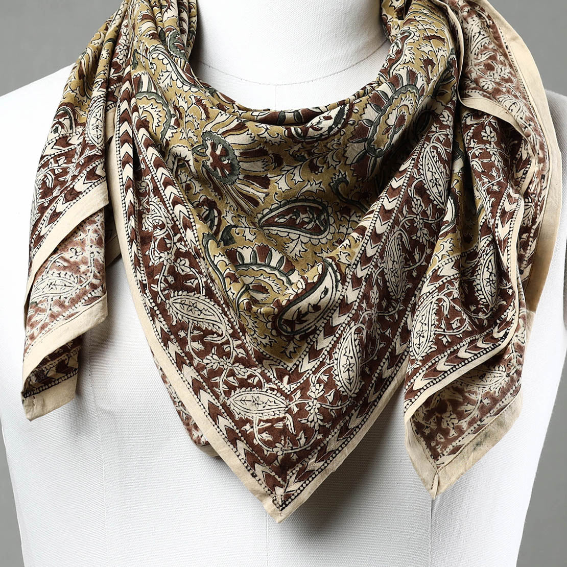 Green Pedana Kalamkari Block Printed Natural Dyed Cotton Scarf 