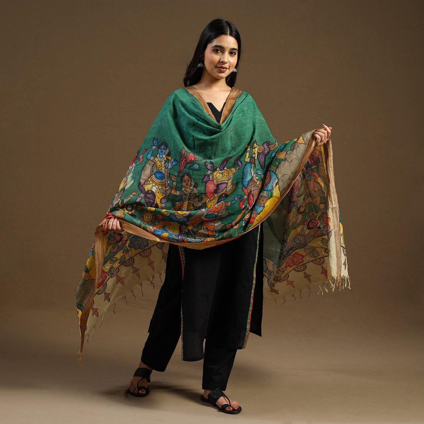 Pen Work Chanderi Silk Handpainted Kalamkari Dupatta