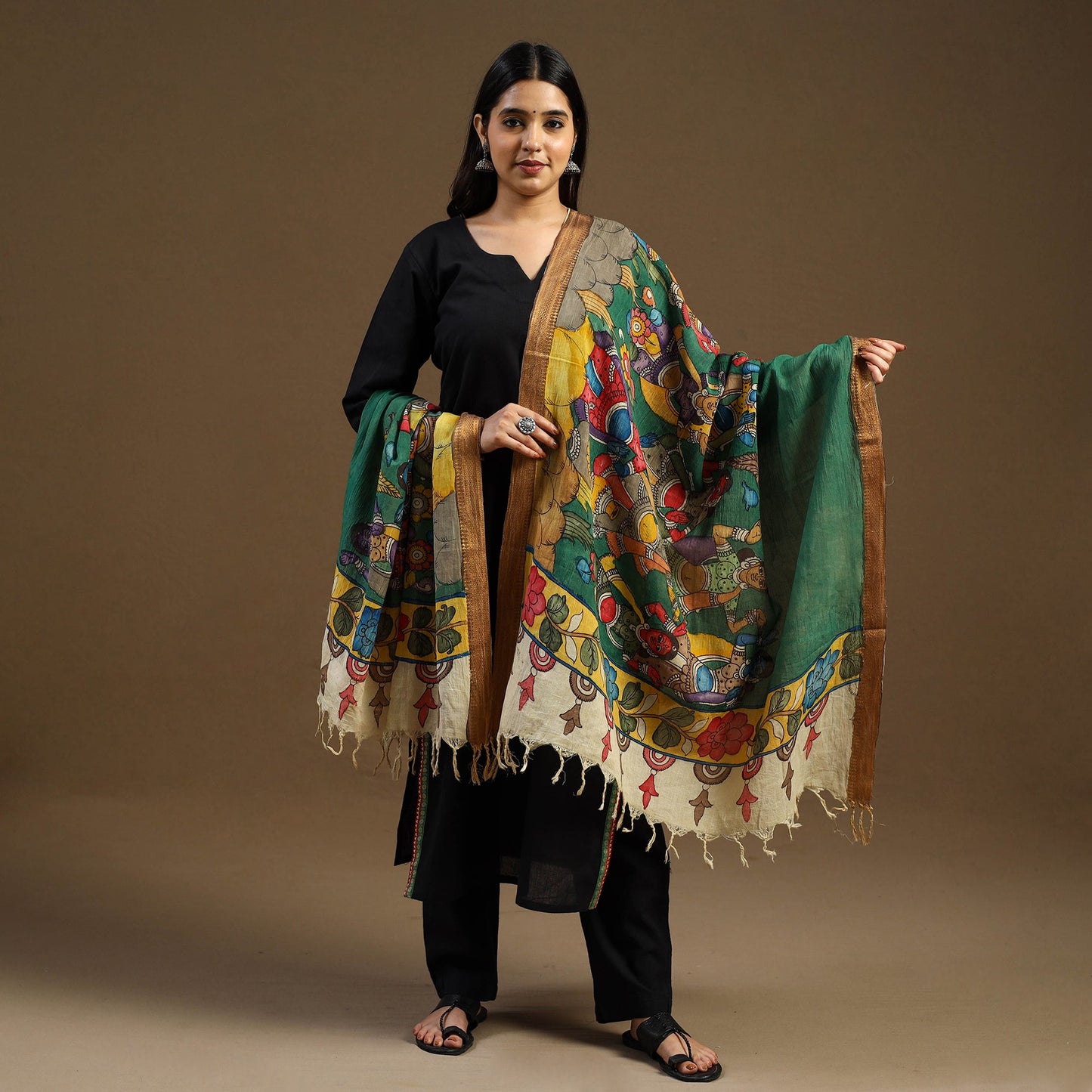 Pen Work Chanderi Silk Handpainted Kalamkari Dupatta