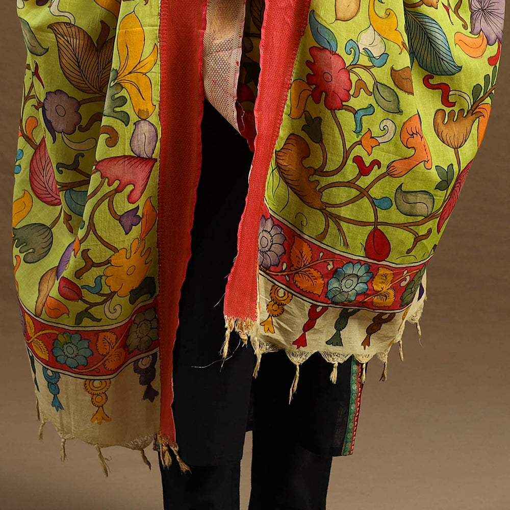 Green Pen Work Chanderi Silk Handpainted Kalamkari Dupatta